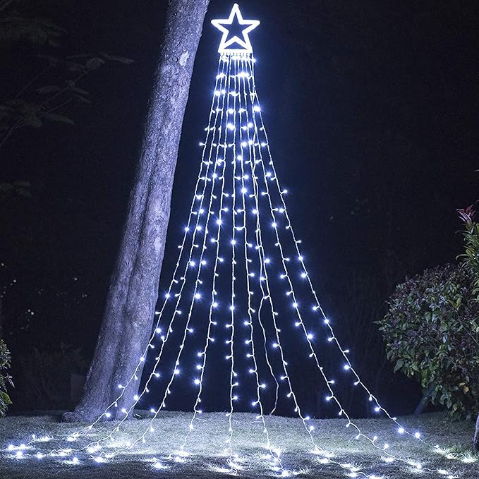 FUNIAO (Upgraded) Christmas Decoration Outdoor Star String Lights, 320 LED Christmas Tree Topper Lights with 12" Lighted Star for Halloween Christmas New Year Holiday Garden Yard (White)