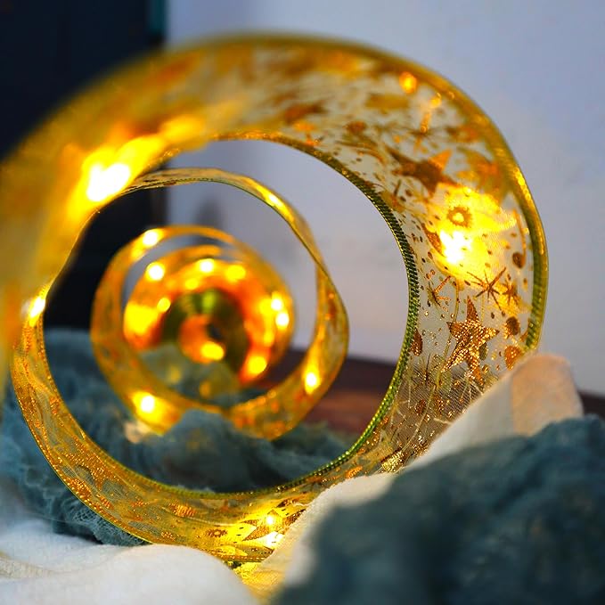 Christmas Ribbon Fairy Lights 33Ft 100 LED String Lights Battery Operated 2In Gold Foil Ribbon with Warm White Twinkle Firefly Lights Indoor Starry Holiday Decoration for Christmas Tree