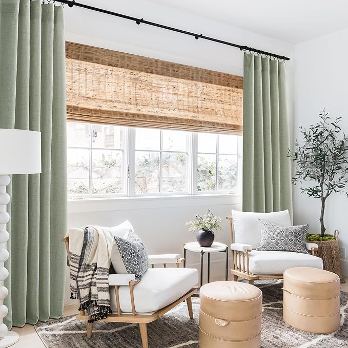 RYB HOME Linen Sheer Curtains and Drapes for Living Room and Dining Room 96 inches Length, Breathable Back Tab/Rod Pocket Semi Sheer Curtains, Sage Green, W 52 x L 96 inches, 2 Panels Set