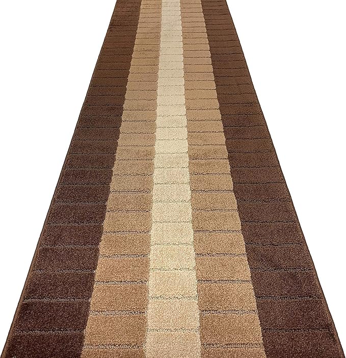 Custom Size Modern Geometric Pattern Carpet Runner Rug for Hallways, Slip Resistant Latex Rubber Backed, 31 inch Wide X Customized Length, Squares Brown, 31 inch X 10 feet