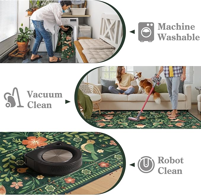 Moynesa Boho Bird 6x9 Area Rugs, Washable Ultra-Thin Dark Green Rugs for Living Room, Soft, Low Pile, Indoor Boho Large Throw Carpet for Bedroom Dining Room Under Table Office Playroom