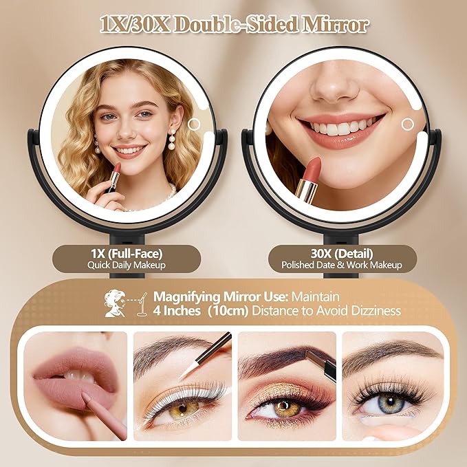 Makeup Mirror with Lights, Double Sided 1x/30x Magnifying Mirror with Light, Rechargeable 3 Color Lights and Adjustable Brightness, 360° Rotation Detachable Comes with Tweezer(Black)