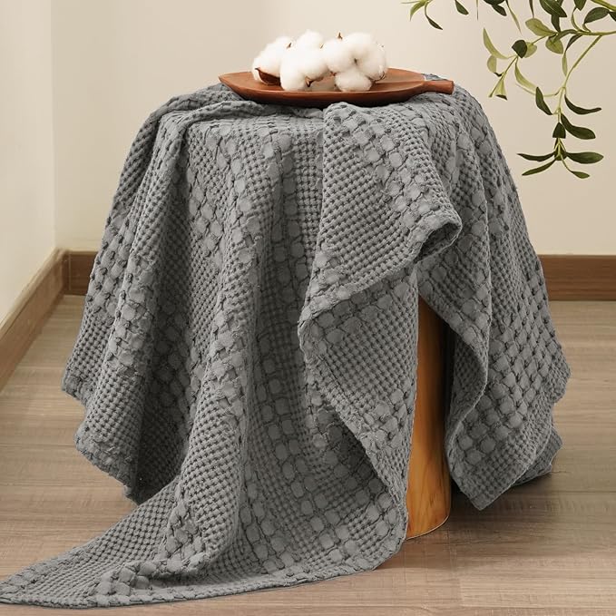 PHF 100% Cotton Waffle Weave Throw Blanket, Soft Lightweight Breathable Cozy Throws for Couch Bed Sofa, Luxury Aesthetic Woven Blanket for Home Decor & Office, 50"x60", Dark Grey