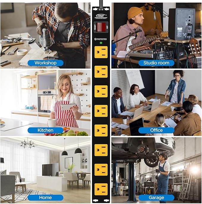 CRST 8 Outlet Metal Long Power Strip,Heavy Duty Surge Protector 2100J, 6 FT Cord Mountable Wide Spaced Workshop Garage Power Strip, 15amp/1875W