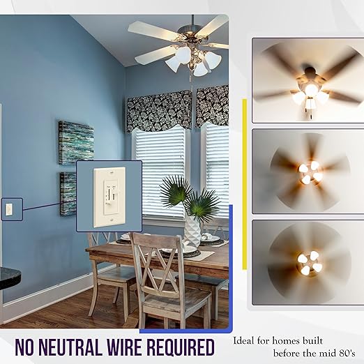 ENERLITES 3 Speed Ceiling Fan Control and LED Dimmer Light Switch, Light and Fan Combination Switch, Single Pole, 2.5A, 300W Incandescent, No Neutral Wire Required, 17001-F3-LA-F, Light Almond