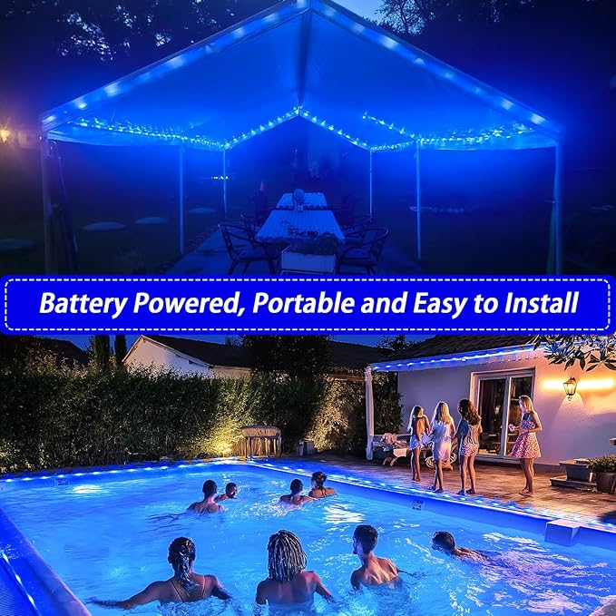 JMEXSUSS 100 LED Blue Battery Operated Rope Lights Outdoor Waterproof, 33ft 8 Modes Battery Christmas Light, Battery Powered String Lights with Remote for Trampoline Camping Canopy Tent Pool Decor