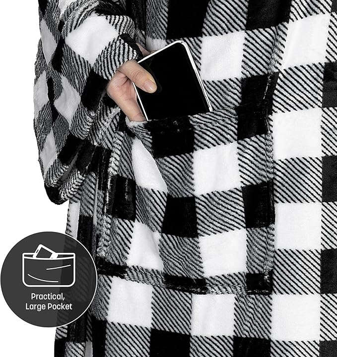 Catalonia Plaid White Wearable Fleece Blanket with Sleeves and Foot Pockets for Adult Women Men, Micro Plush Comfy Wrap Sleeved Throw Blanket Robe Large