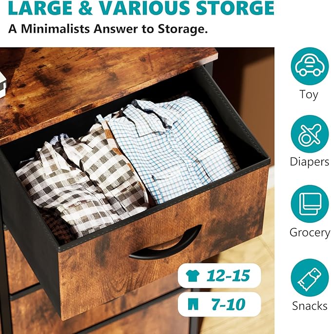 OLIXIS Dresser for Bedroom, 8 Storage Drawers, Tall Large Fabric Storage Tower Organizer, Chest of Drawers with Metal Frame Wooden Top for Nursery, Closet, Living Room, Entryway, Classic Rust Brown