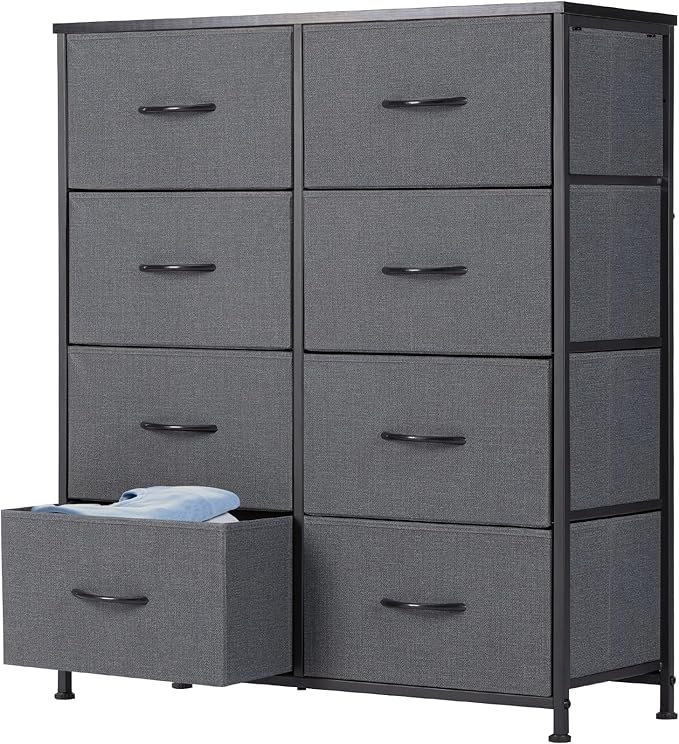 DUMOS 8 Drawer Dresser for Bedroom, Fabric Storage Organizer with Sturdy Metal Frame, Wooden Top Chest of Drawers for Closet Nursery Entryway Guest Room, Grey