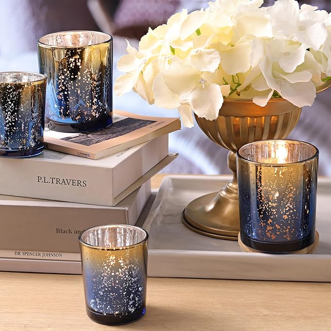 Volens 12pcs Assorted Navy Votive Candle Holders, Large Speckles Mercury Glass Votive & Tealight Candle Holder Bulk for Wedding Table Centerpiece, Navy and Gold Themed Party Decorations and Home Decor