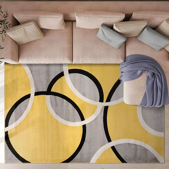Rugshop Contemporary Abstract Circles Easy Maintenance for Home Office,Living Room,Bedroom,Kitchen Soft Area Rug 7'10" x 10'2" Yellow