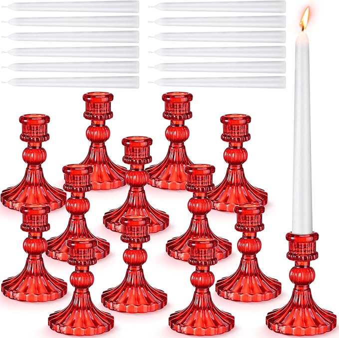 Suclain 24 Pcs Glass Taper Candle Holder Sets 12 Candlestick Holder with 12 White Long Candles for Wedding Party Decor Dinner Decoration(Red)
