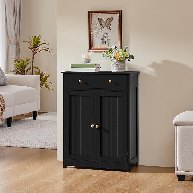 Yaheetech Bathroom Storage Cabinet with 1 Drawer and 2 Doors, Bathroom Floor Cabinet with Adjustable Shelf, Wooden Storage Units for Living Room, Entryway, Small Space, Black