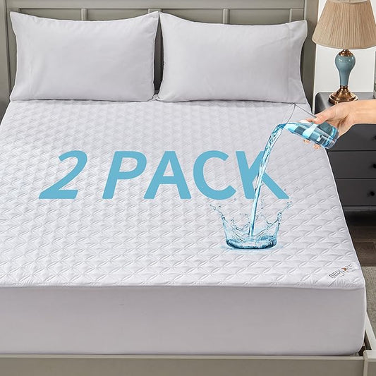 BEDLORE 2 Pack Waterproof Mattress Protector, King Size Mattress Pad with Deep Pocket Fitted Up to 6-18 inches, Soft Noiseless Single Bed Mattress Cover for Bedroom, Dorm Room (White)