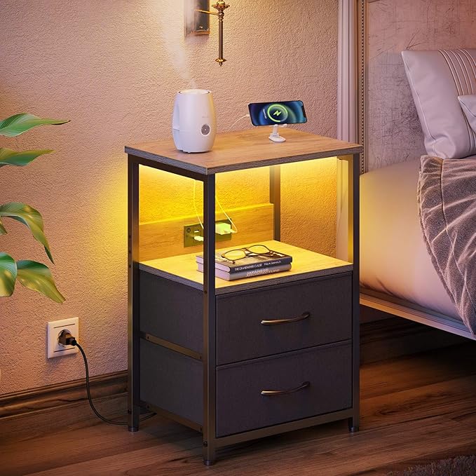 Seventable Nightstand with Charging Station, Bedside Table with LED Lights, Night Stand with 2 Fabric Drawers, 3-Tier Storage End Table for Bedroom, Greige