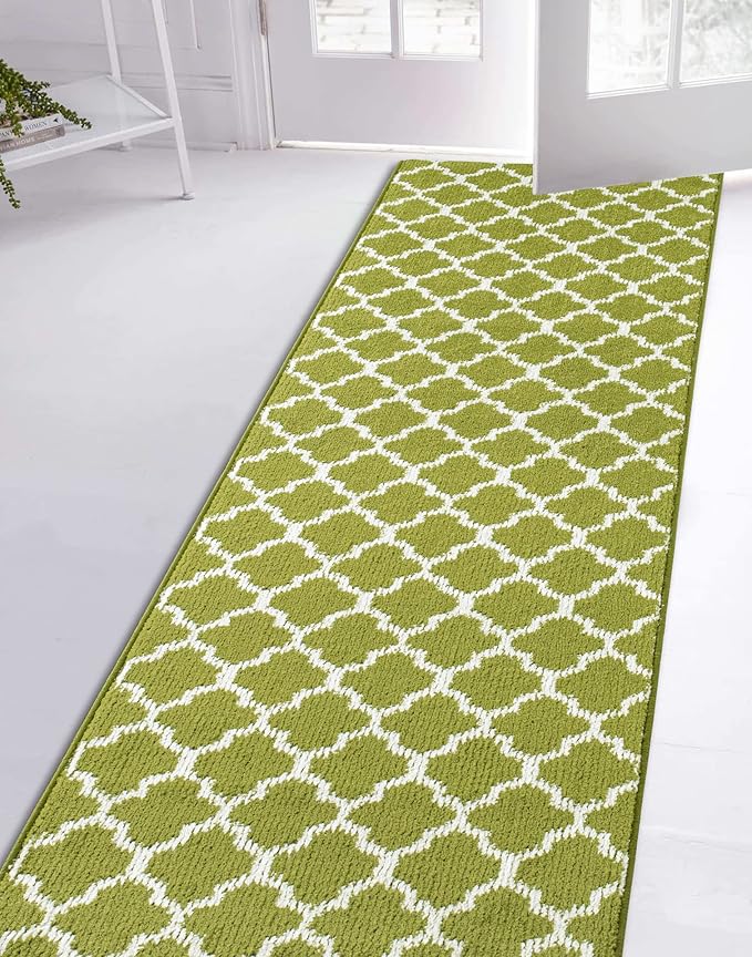 Custom Size Moroccan Trellis Runner Rug Mat for Wide Hallway Entryway Kitchen Laundry Room with Slip Resistant Latex Rubber Backing, Trellis Green, 31 inch X 10 feet