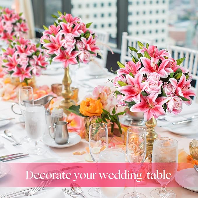 Hotop 20 Pcs Artificial Flowers Velvet Realistic Roses and Latex Lilies Flowers Bouquet Decorations Arrangements for Home Table Centerpieces Independence Day(Pink)