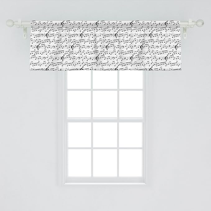 Ambesonne Music Window Valance Pack of 2, Abstract Style Professional Pattern Notes and Clef Sheet Play Writing Print, Rod Pocket Curtain Valances for Kitchen Bedroom, 54" X 18", Black White