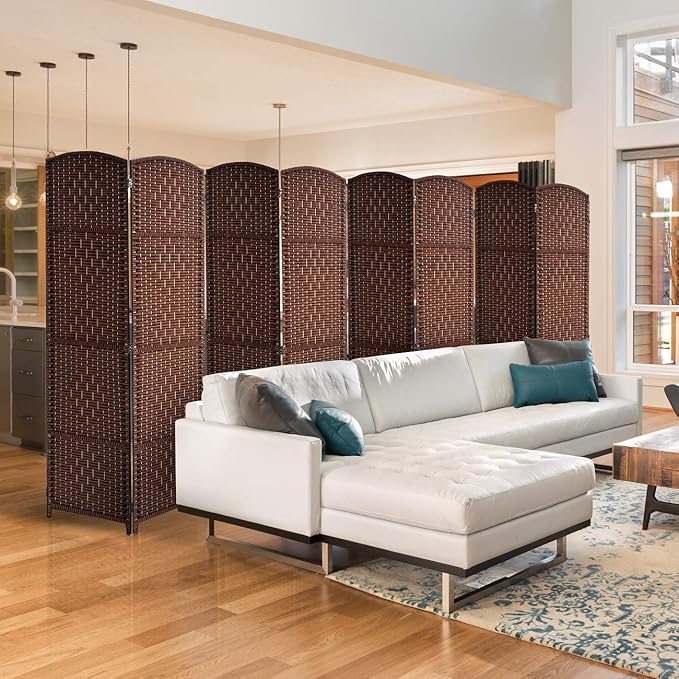 Sorbus Room Divider 6 ft. Tall - Privacy, Wide Double Hinged Panels, Mesh Hand-Woven Design, Folding Screens, Wall Divider for Room Separation, Brown Rust Wicker, 8 Panel