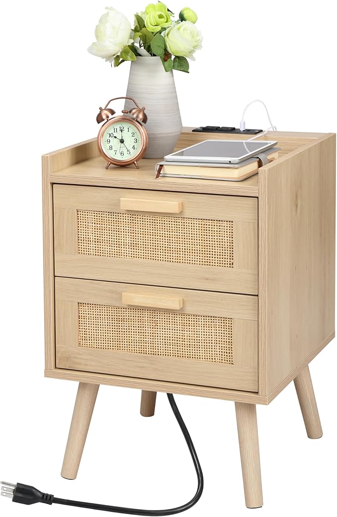Finnhomy Nightstand with Charging Station, Bedside Table with 2 Hand Made Rattan Decorated Drawers, Night Stand with Storage for Bedroom, Natural, Set of 2