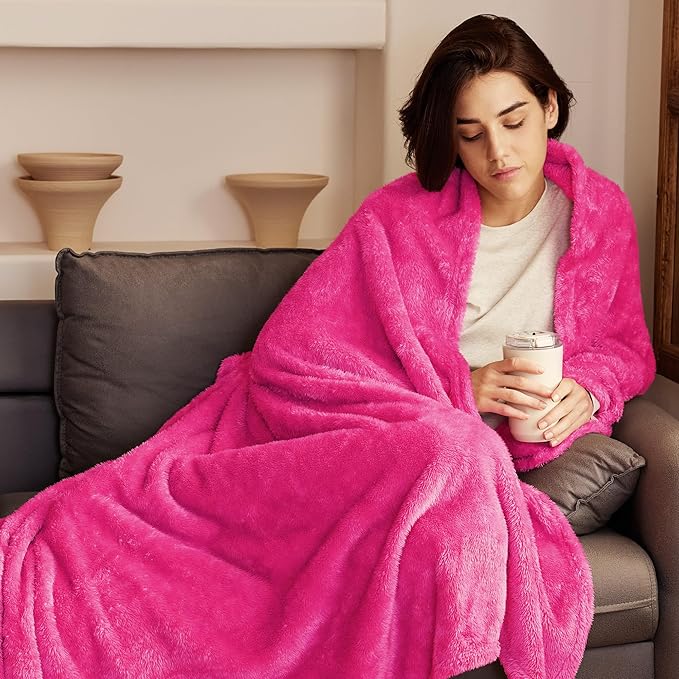 Exclusivo Mezcla Plush Fuzzy Fleece Bed Blanket Queen Size, Super Soft, Fluffy and Warm Blankets Suitable for All Seasons (Hot Pink, 90x90 Inches)