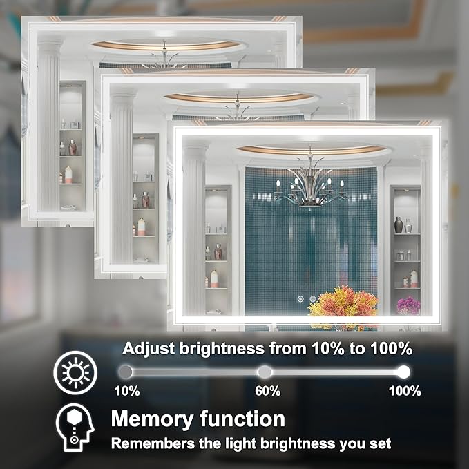 48 x 36 Inch LED Bathroom Mirror with Lights, Wall Mounted Lighted Bathroom Vanity Mirrors, Stepless Dimmable, Memory Funtion, Anti-Fog, 6000K, Shatter-Proof, Horizontal or Vertical