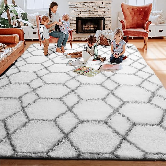 ONASAR 8x10 Area Rugs for Living Room, Washable Fluffy White and Grey Rug for Bedroom, Geometric Moroccan Indoor Shaggy Boho Soft Plush Floor Carpet for Kids Teen Nursery Dorm Home Decor Aesthetic