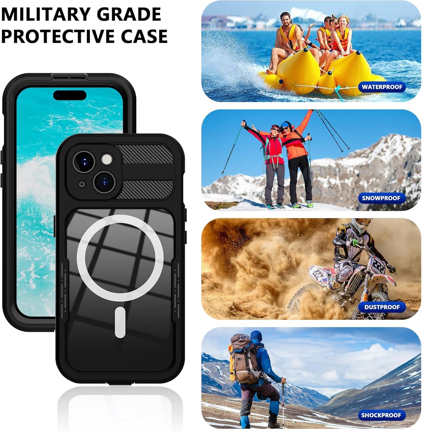 iPhone 15 Plus 5G Waterproof Case, Black, Hybrid Rugged, Shockproof, Magsafe Compatible, Full Body Protection, Lanyard,