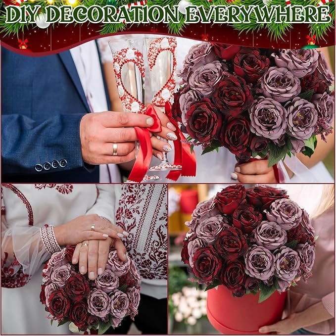 Geosar 8 Bundles Artificial Peonies Flowers Fake Silk Peony Bouquet Faux Peonies Flowers Bulk for Decoration Vase Floral Arrangements Wedding Party Table (Wine Red,Gray)