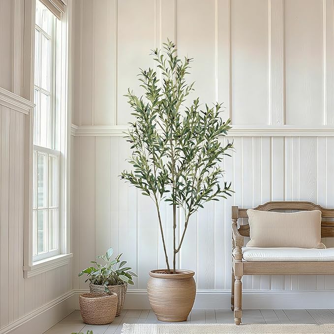 Faux Olive Tree 6.56ft(78in) Tall Artificial Plant Indoor Decor Large Realistic Potted Fake Modern Greenery with Natural Wood Branches and Green Leaves for Home Living Room,Bedroom,Office Decor