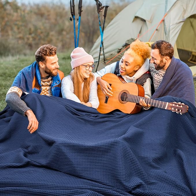 PHF 100% Cotton Waffle Weave Family Blanket,Oversized King Size 120"x 120"-Pre-Washed Snag Proof Lightweight Breathable, 10'x 10' Huge Extra Large Big,Home Decoration Gift-Navy Blue/Bright Blue