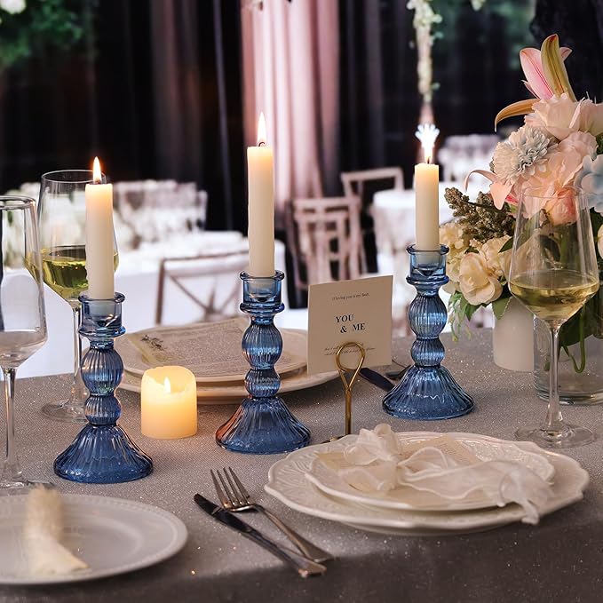 DARJEN Blue Candlestick Holders Set of 4 - Vertical Stripe Glass Candle Holders for Candlesticks and Taper Candles, Taper Candle Holder for Wedding Shower, Party, Dinner Table Decor