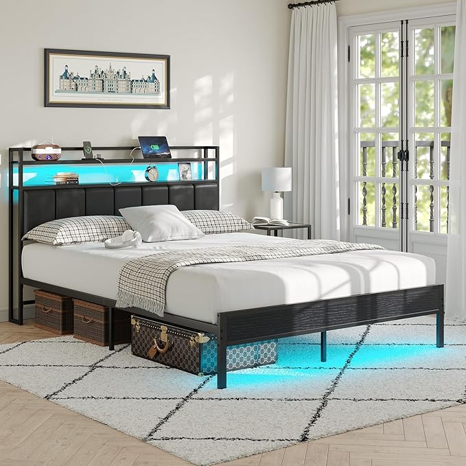 Queen Size Bed Frame with Charging Station and LED Lights, Metal Bed Frame with Headboard, Black Upholstered Headboard with 2-Tier Storage Shelves, Noise Free, No Box Spring Needed