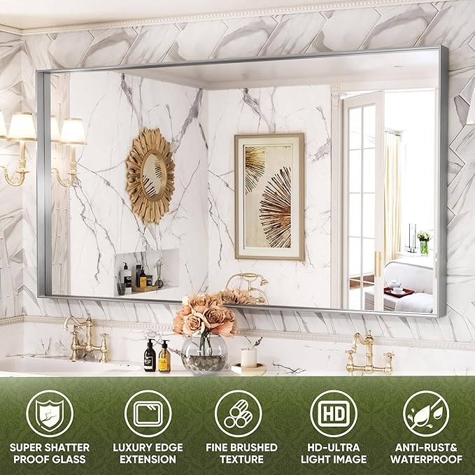 Suidia Bathroom Mirror, 60" x 36" Wall Mirror Metal Framed, Bathroom Vanity Mirror for Living Room Bedroom Bathroom Entryway, Silver, Rect Corner Style
