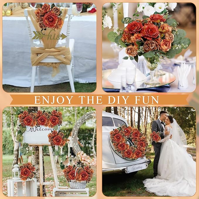 Burnt Orange Peony Artificial Flowers, Fall Faux Peonies Hydrangea Eucalyptus Bouquet 12 Packs Silk Vintage Realistic Peony Floral Arrangement for Wedding Centerpiece Table Vase Autumn Decor