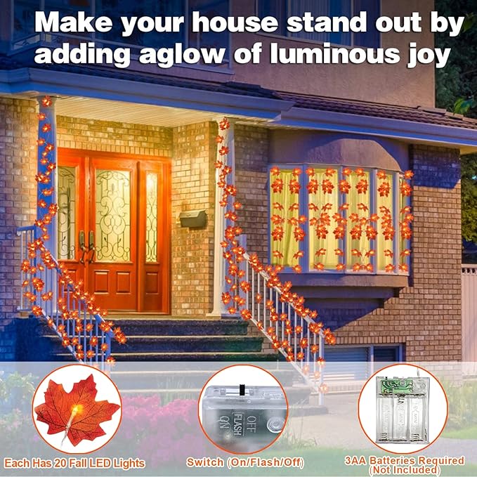TURNMEON 6 Pack Thanksgiving Decorations Enlarged Maples Leafed Garland, 60Ft 120LED Fall Decor for Home Fall Lights, Battery Operated Waterproof Thanksgiving Decor Indoor Outdoor Christmas Halloween