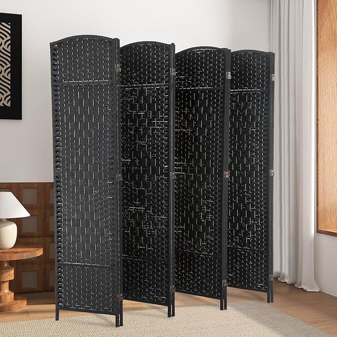 Room Divider 8 Panel Folding Privacy Divider 6 Ft Indoor Wall Divider Portable Partition Wood Screen, Black