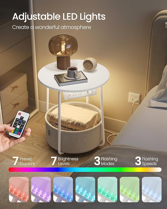VASAGLE LILEA Collection - Side Table with Charging Station, Round End Table with Fabric Basket, LED Nightstand with USB Ports, Modern, for Living Room, Matte White and Camel Brown ULET227W01