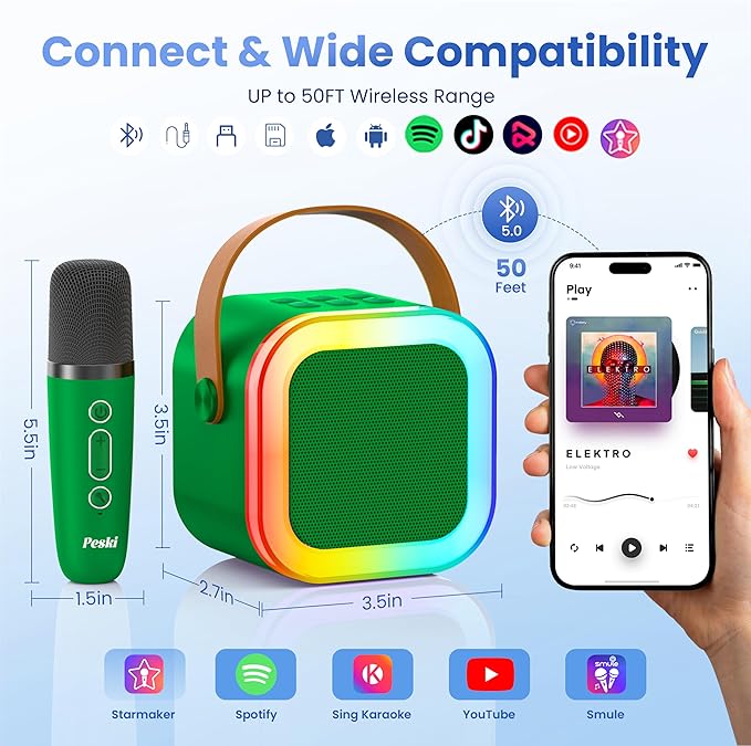 Mini Karaoke Machine for Kids Adults, Portable Bluetooth Mini Karaoke Microphone Singing Speaker Karaoke Player with 2 Wireless Mic, for All Smartphones,Birthday, Family,Home Party (Dark Green)