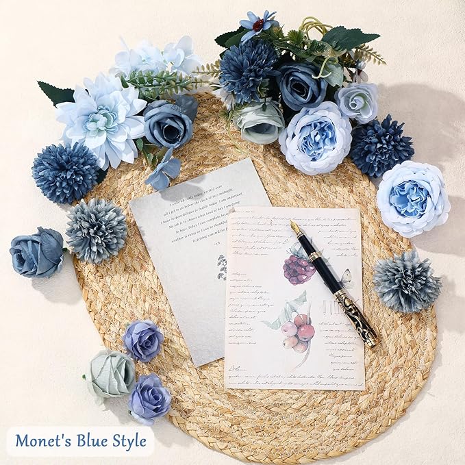 Zeyune 12 Bundles Artificial Peonies Flowers Artificial Silk Rose Faux Dahlia Fake Chamomile Hydrangea Bouquet Bulk for Vase Home Wedding Centerpiece Party Decoration(Indigo,Gradient Blue)