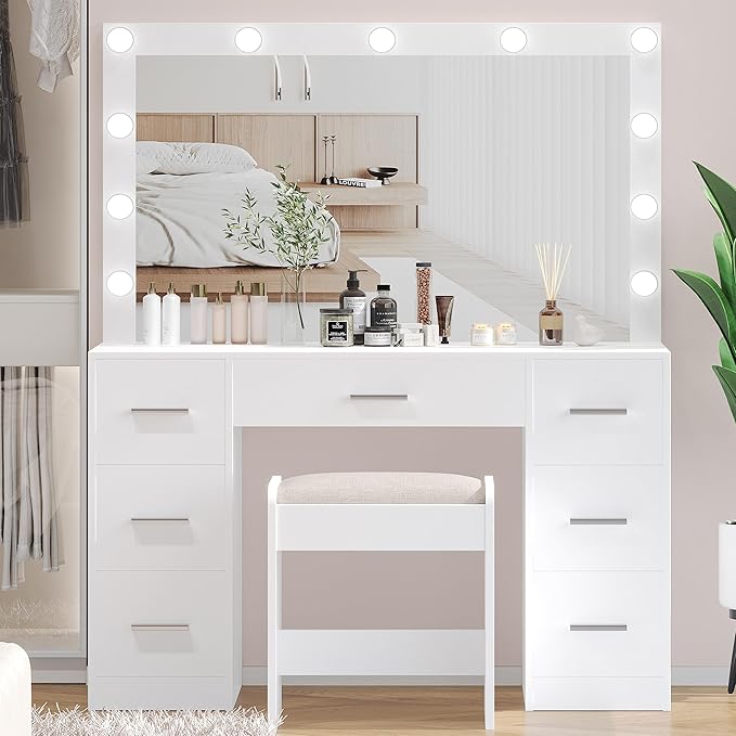 Irontar Vanity Desk with Stool, Makeup Table with Lighted Mirror, 3 Color Lighting Modes, Brightness Adjustable, Dressing Table with Drawers, Bedroom Vanity Table Set for Women, White
