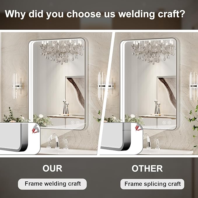 LED Bathroom Mirror with Lights,48x36 Inch Brushed Silver Framed Lighted Vanity Mirror,Anti Fog Stepless Dimmable Wall Mounted(Horizontal/Vertical)