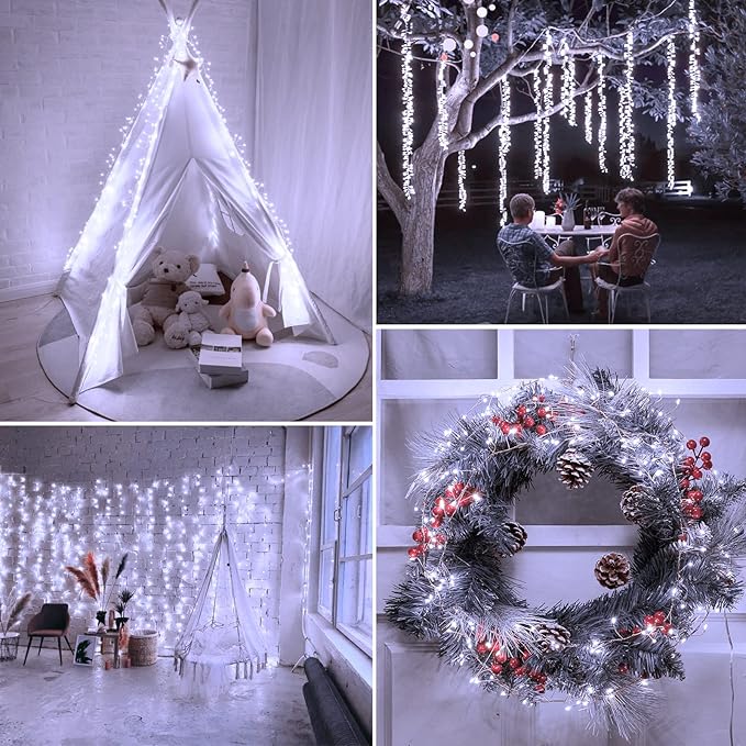 Fairy Lights Plug in, 10Ft 200LED Firecracker Firefly Lights with 8 Mode, Waterproof Silver Wire Cluster Starry String Lights for Ceiling Bedroom Window Wedding Christmas Tree Decoration, Pure White