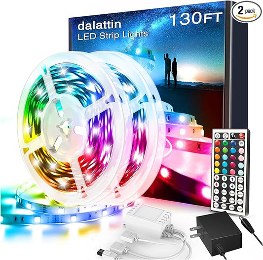 dalattin Led Lights for Bedroom 130ft RGB Led Strip Lights Color Changing Kit with 44 Keys Remote Controller and 24V Power Supply Led Light Strips Indoor Decoration,2 Rolls of 65ft