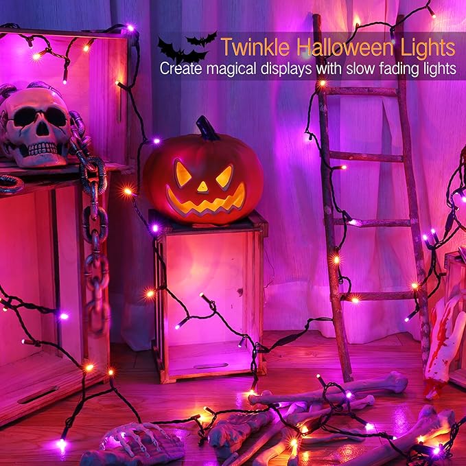 Brizled Halloween String Lights, 33ft 100 LED Purple & Orange String Lights 5MM Wide Angle Gentle Twinkle Halloween Light, 120V UL Certified Connectable Orange Light for Home Tree Party Decorations