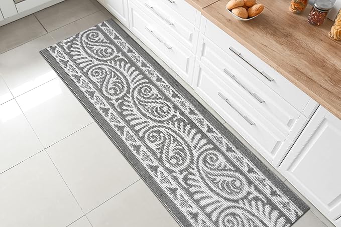 Custom Length Cut to Size Tribal Ethnic Southwestern Inspired Hallway Runner Rug, Non Slip Rubber Backed, 31 inch Wide X Customized Length, Mayan Grey, 31 inch X 6 feet