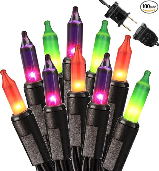 Brizled Halloween String Lights, 21.3ft 100ct Incandescent Purple & Green & Orange Halloween Lights Connectable, UL Certified Halloween Lights Black Wire Mini Light Set for Halloween Holiday Christmas