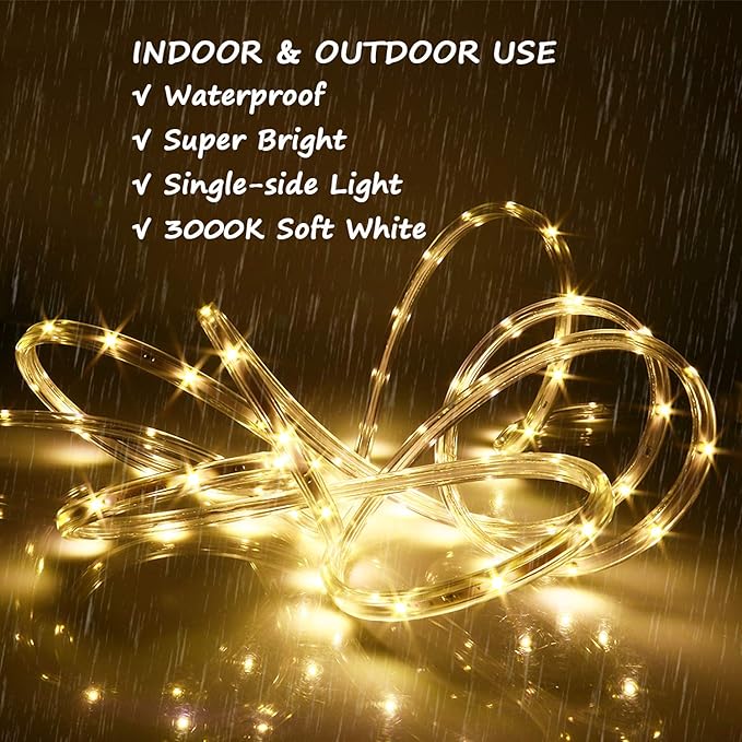LED Rope Lights, 16.4ft Waterproof Strip Light, 3000K Soft White, Flexible Indoor Outdoor Decorative Lighting for Home Christmas Holiday Garden Patio Party