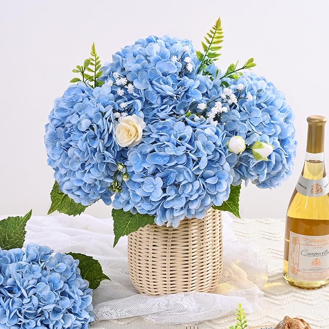 4 Pcs Real Touch Hydrangea Artificial Flowers, 21" Blue Full Faux Hydrangea Flowers Latex Fake Flowers for Home Decor Party Floral Arrangements Wedding Bouquets Centerpieces Outdoor Decor