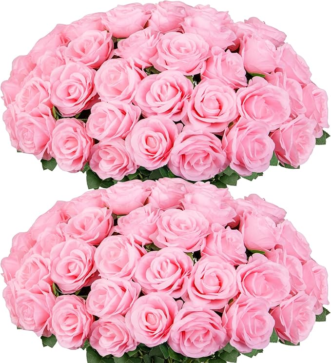 Ouddy Decor 50 Pcs Artificial Pink Roses Bulk Realistic Silk Roses with Long Stems Fake Roses Flowers for Wedding Bridal Bouquet DIY Table Centerpieces Arrangement Valentines Day Home Decor, Pink